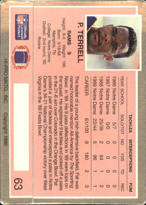 1990 Action Packed Rookie Update #63 Pat Terrell RC back image
