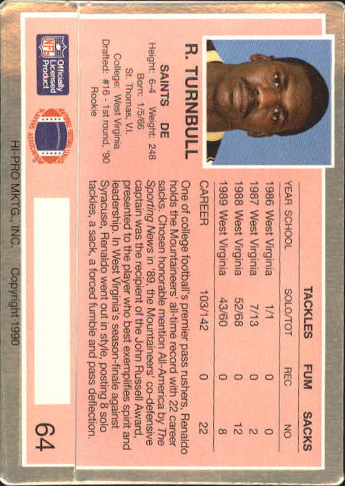 1990 Action Packed Rookie Update #64 Renaldo Turnbull RC back image