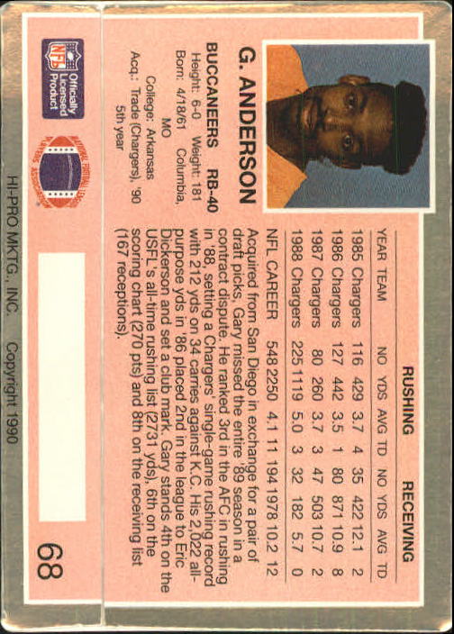 1990 Action Packed Rookie Update #68 Gary Anderson RB back image