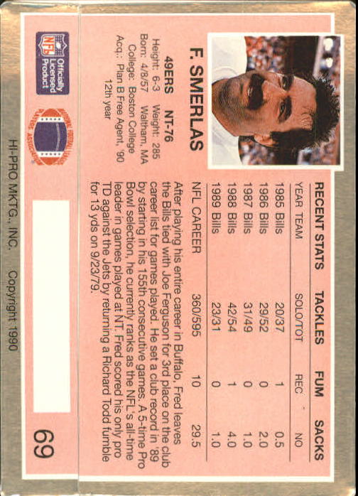 1990 Action Packed Rookie Update #69 Fred Smerlas back image