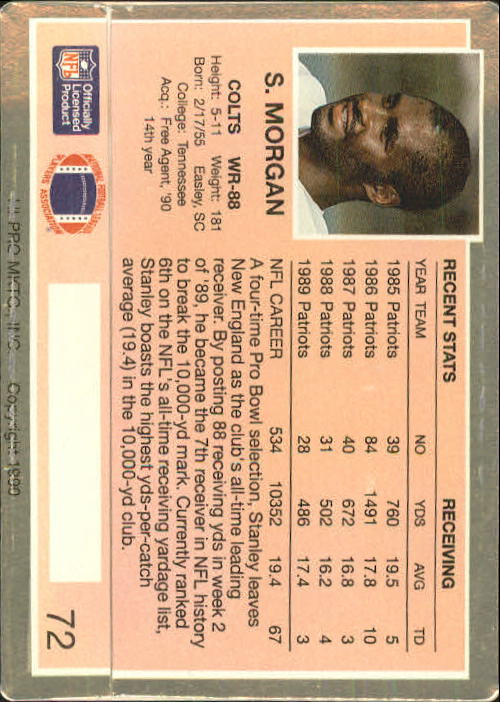 1990 Action Packed Rookie Update #72 Stanley Morgan back image