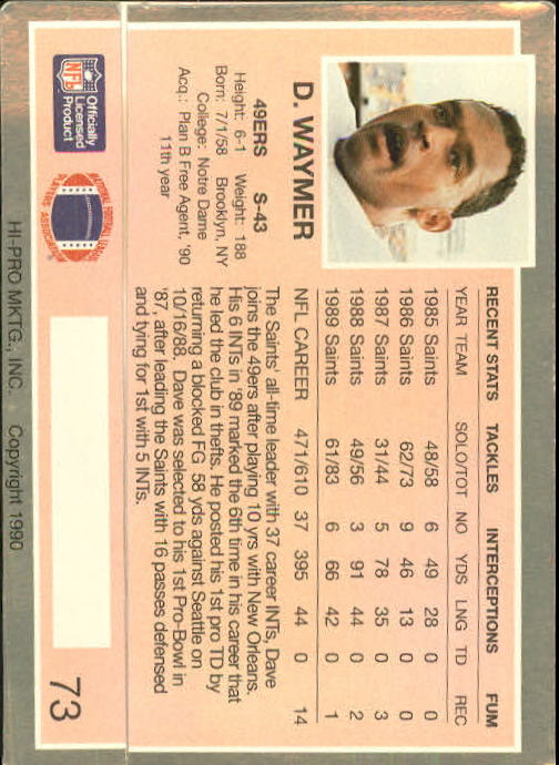 1990 Action Packed Rookie Update #73 Dave Waymer back image