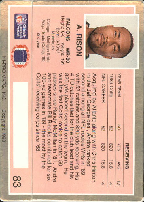 1990 Action Packed Rookie Update #83 Andre Rison back image