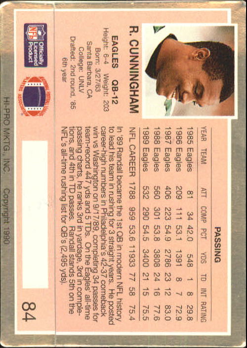 1990 Action Packed Rookie Update #84 Randall Cunningham back image