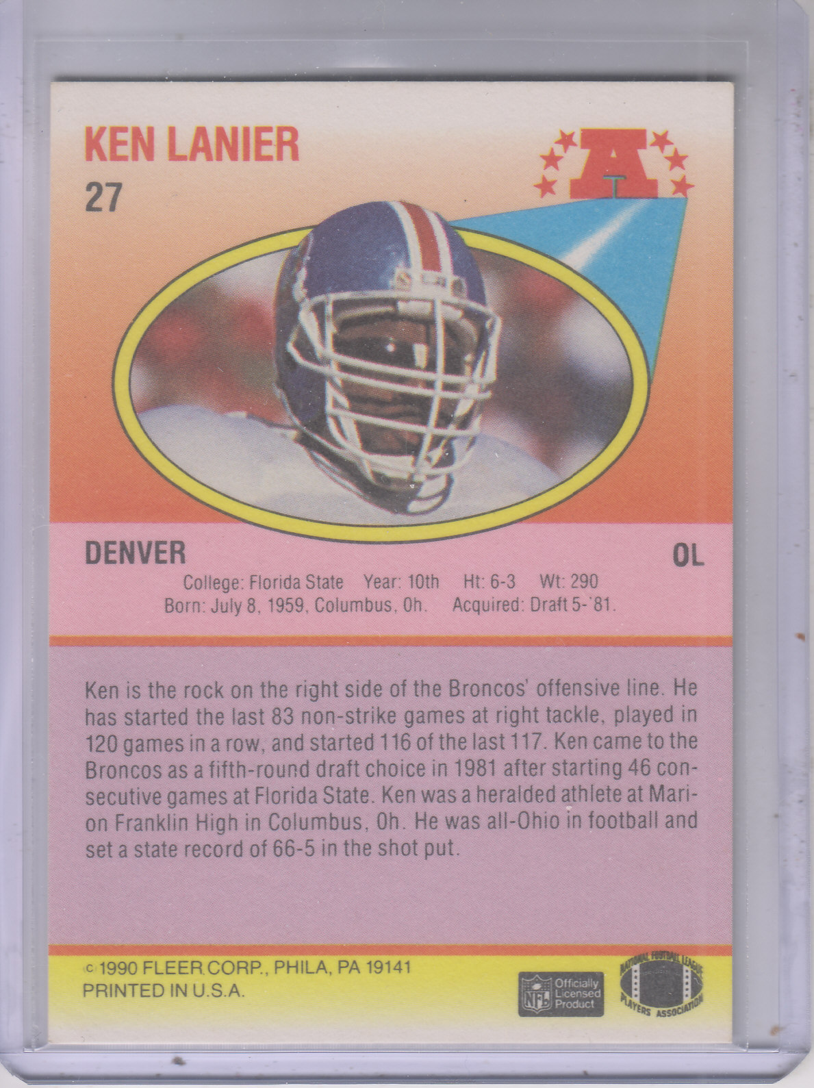 1990 Fleer #27 Ken Lanier RC back image