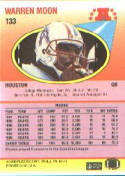 1990 Fleer #133 Warren Moon UER/(186 completions in 1987/and 1341 career, should/be 184 and 1339) back image