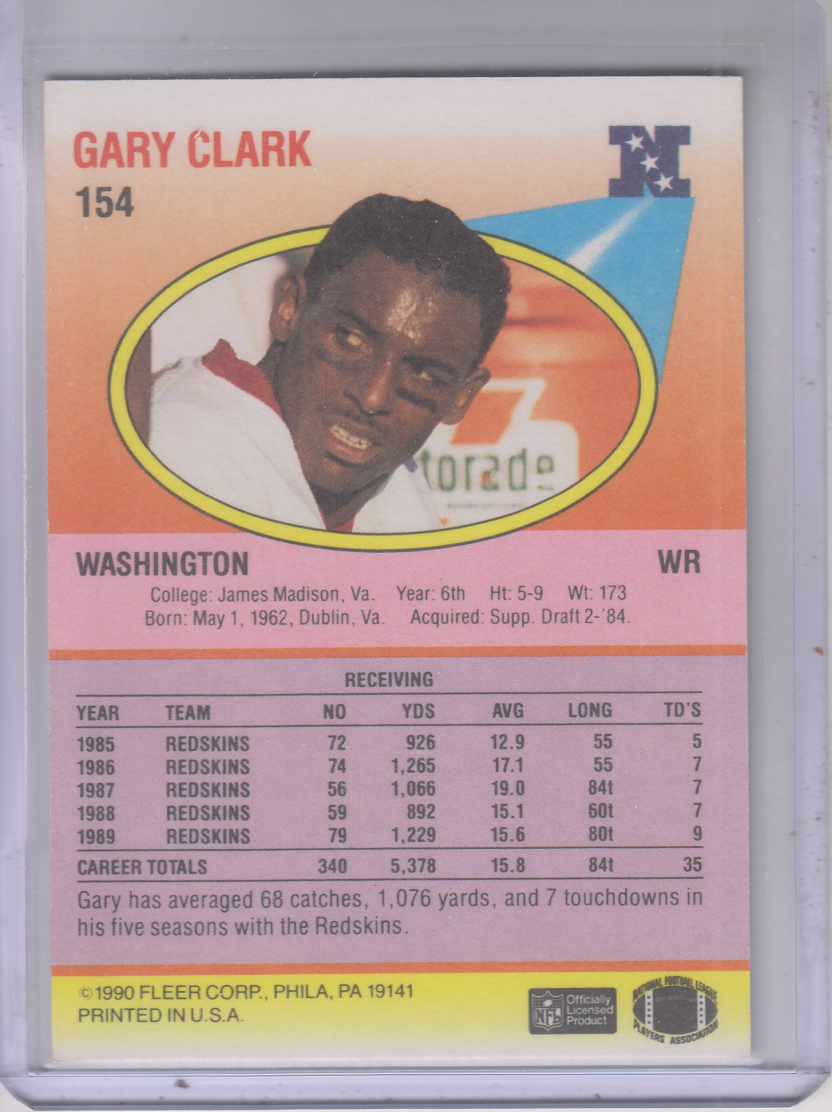 1990 Fleer #154 Gary Clark back image