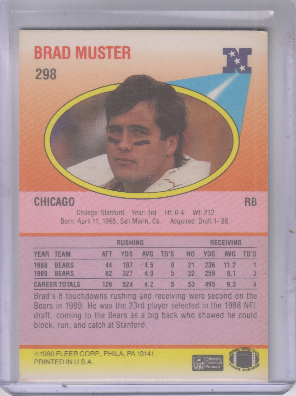 1990 Fleer #298 Brad Muster back image