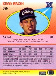 1990 Fleer #396 Steve Walsh UER/(Yards Passing 50.2;/Percentage and yards/data are switched) back image
