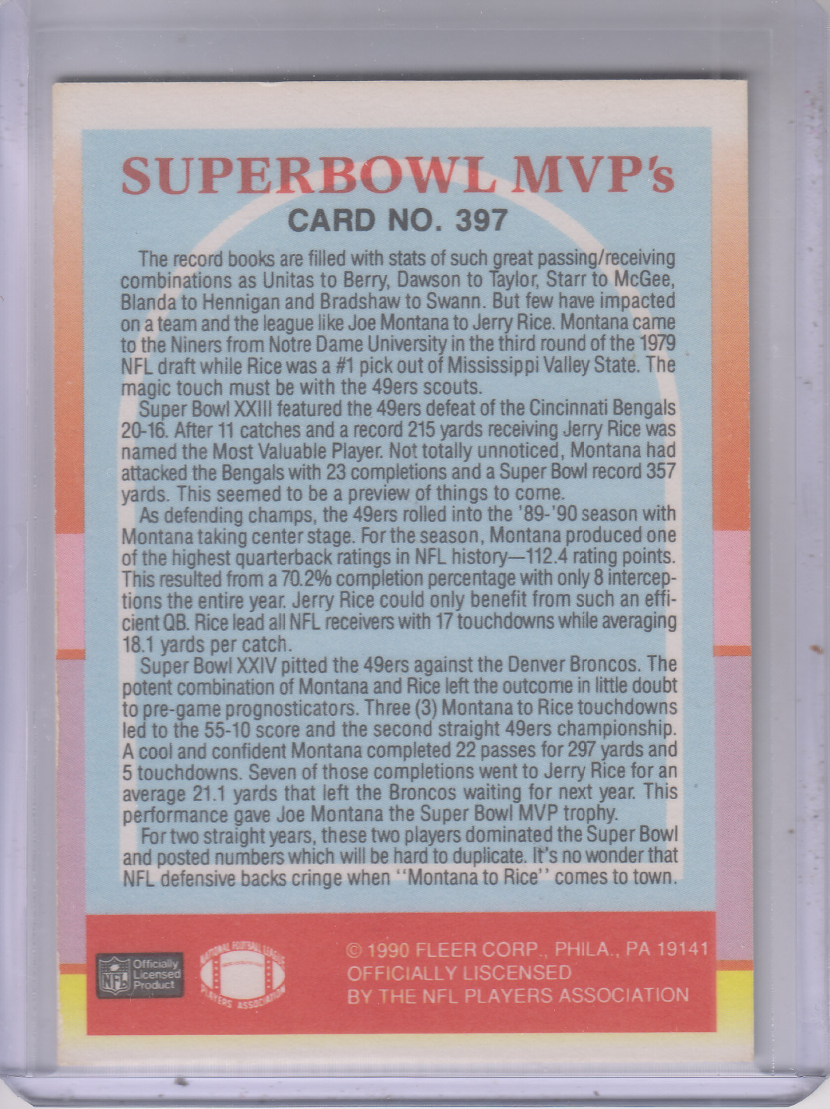 1990 Fleer #397 Super Bowl MVP's/(Jerry Rice and/Joe Montana) HOR back image