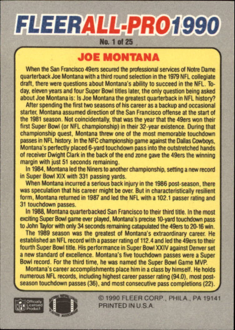 1990 Fleer All-Pros #1 Joe Montana back image