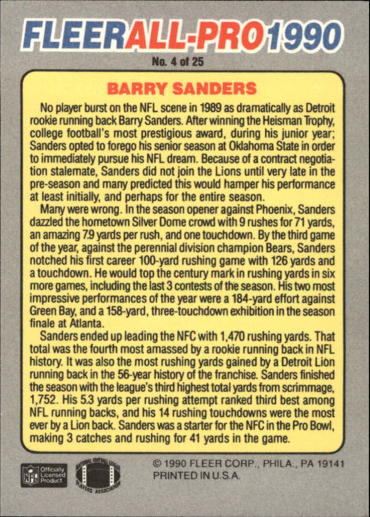 1990 Fleer All-Pros #4 Barry Sanders back image