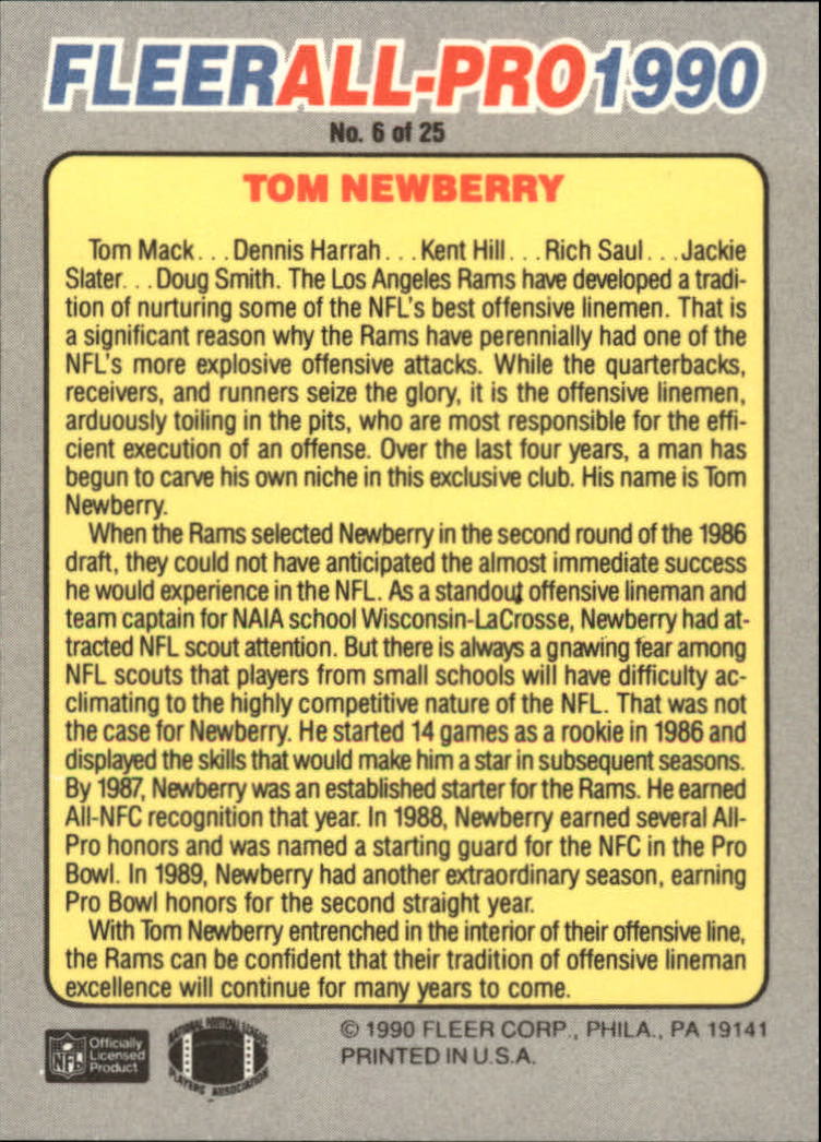 1990 Fleer All-Pros #6 Tom Newberry back image