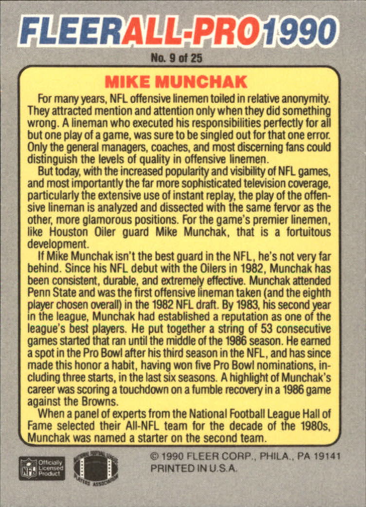 1990 Fleer All-Pros #9 Mike Munchak back image