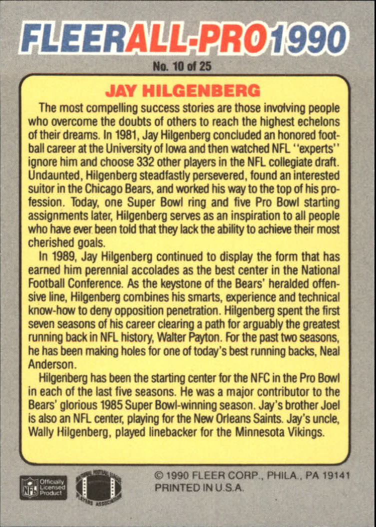 1990 Fleer All-Pros #10 Jay Hilgenberg back image