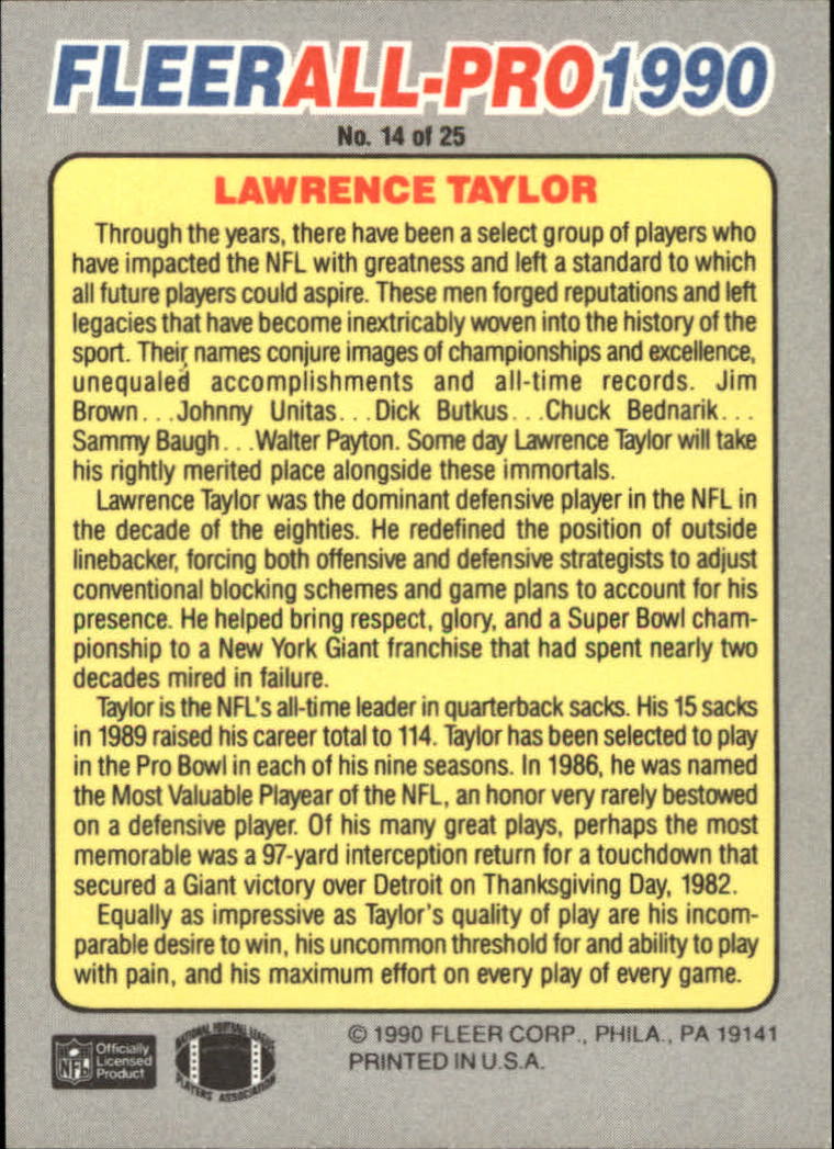 1990 Fleer All-Pros #14 Lawrence Taylor back image