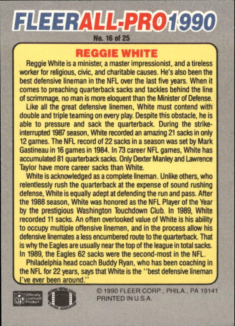 1990 Fleer All-Pros #16 Reggie White back image