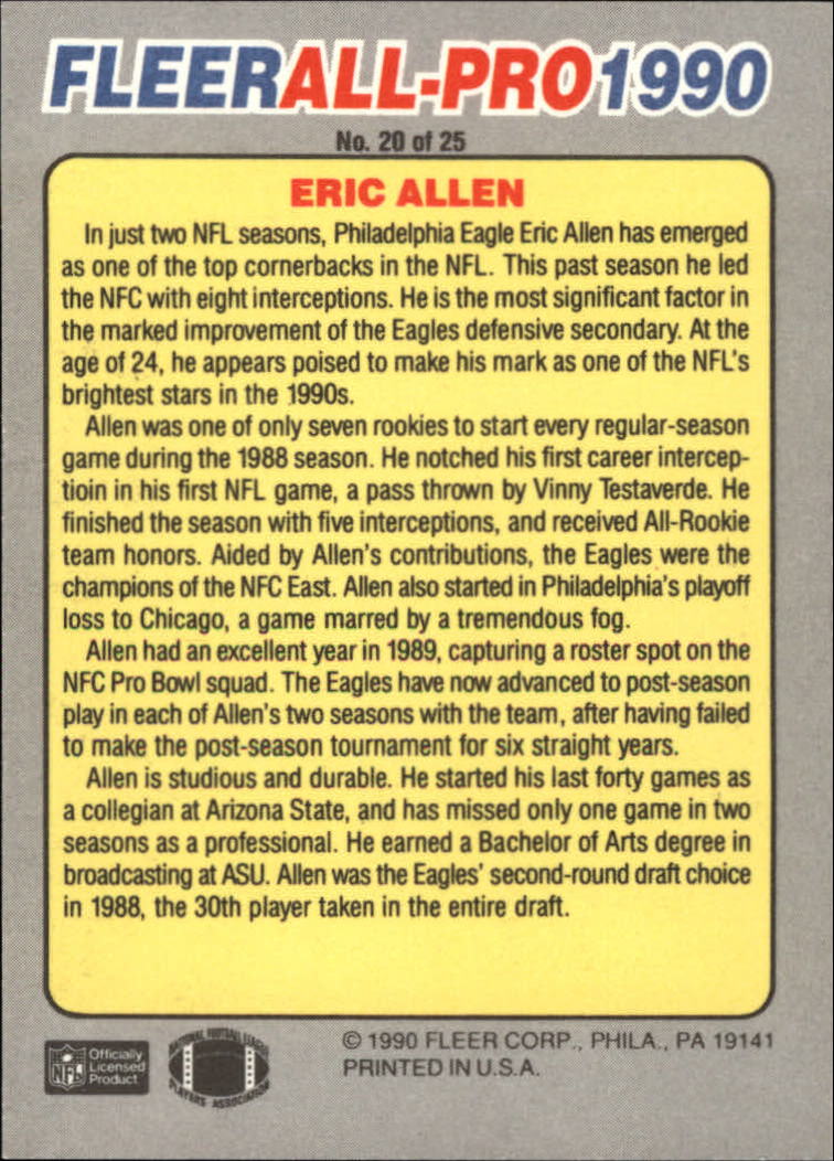 1990 Fleer All-Pros #20 Eric Allen back image