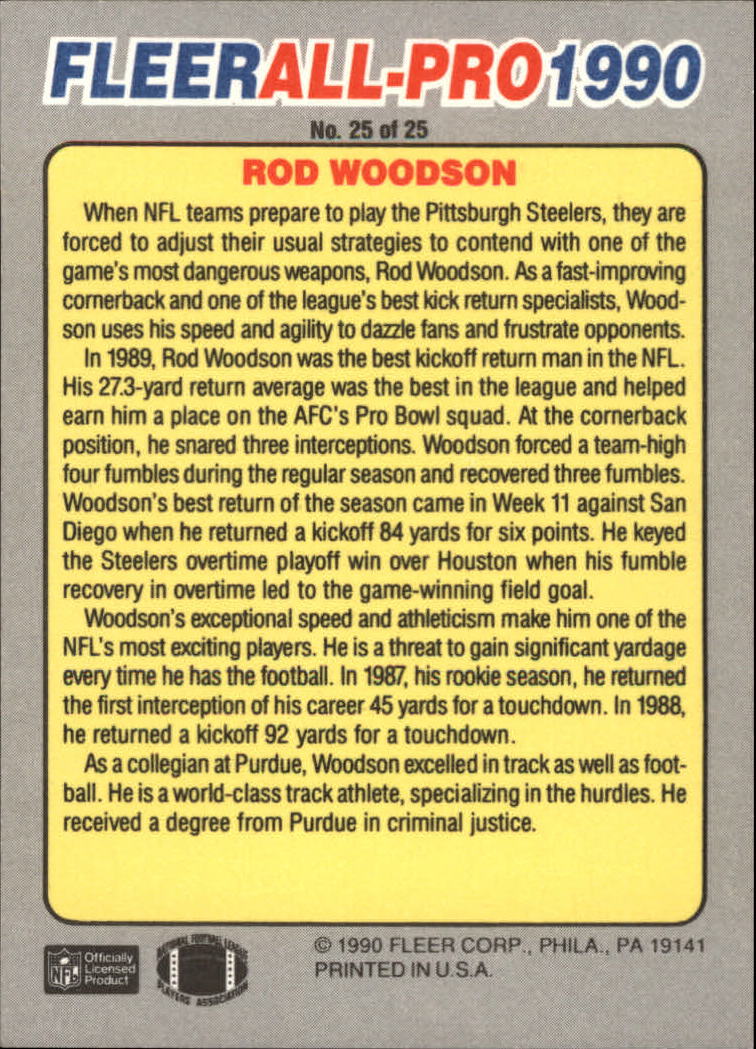 1990 Fleer All-Pros #25 Rod Woodson back image