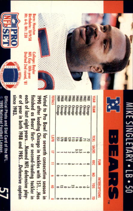1990 Pro Set #57 Mike Singletary back image