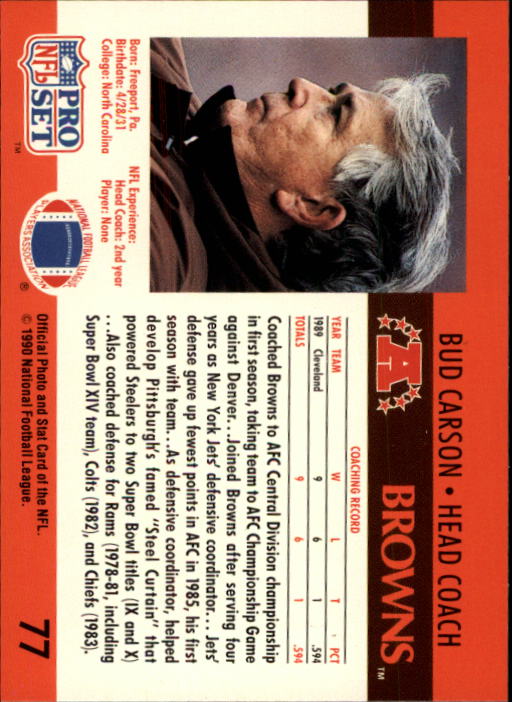 1990 Pro Set #77 Bud Carson CO back image