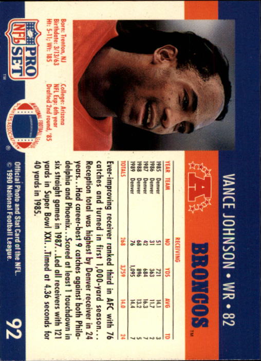 1990 Pro Set #92 Vance Johnson back image