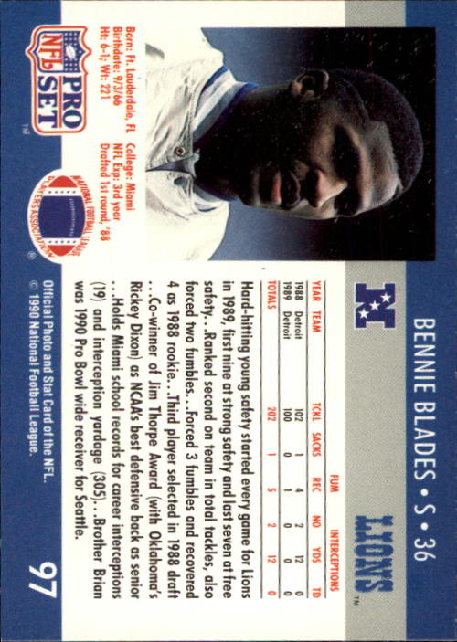 1990 Pro Set #97 Bennie Blades back image