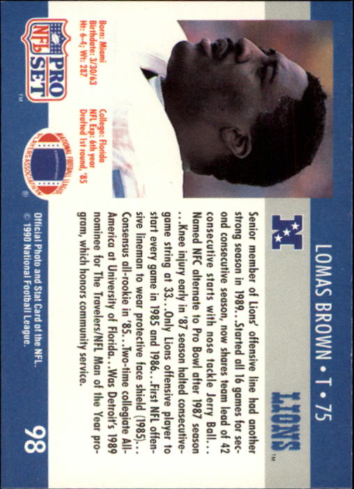 1990 Pro Set #98 Lomas Brown back image