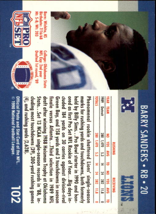 1990 Pro Set #102 Barry Sanders back image