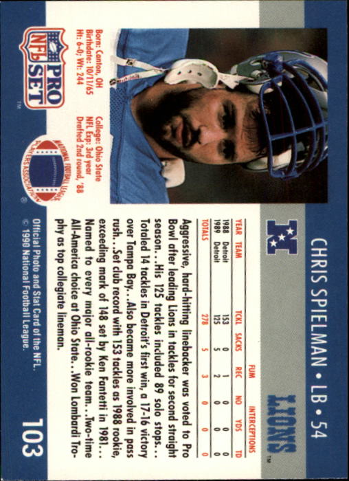 1990 Pro Set #103 Chris Spielman back image