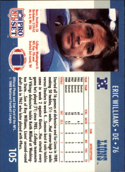 1990 Pro Set #105 Eric Williams RC back image