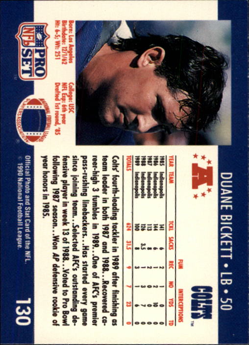 1990 Pro Set #130 Duane Bickett back image