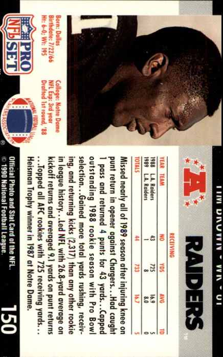 1990 Pro Set #150 Tim Brown back image