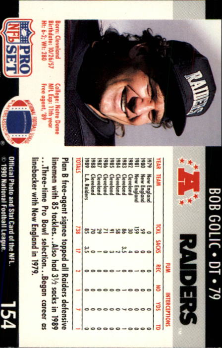 1990 Pro Set #154 Bob Golic back image