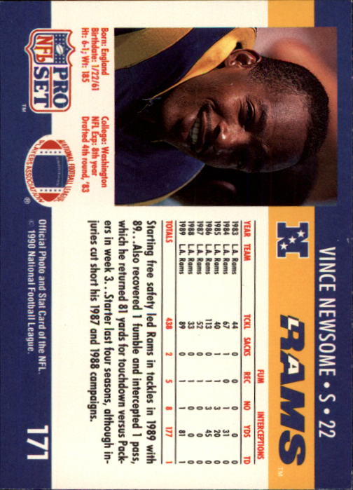 1990 Pro Set #171 Vince Newsome RC back image