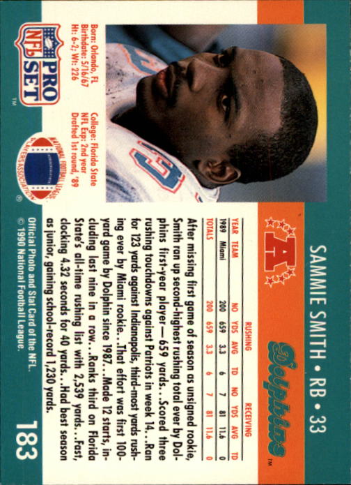 1990 Pro Set #183 Sammie Smith back image
