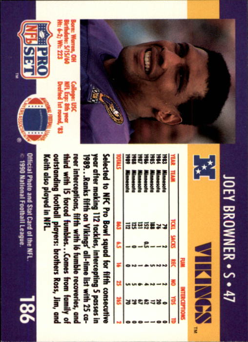 1990 Pro Set #186 Joey Browner back image
