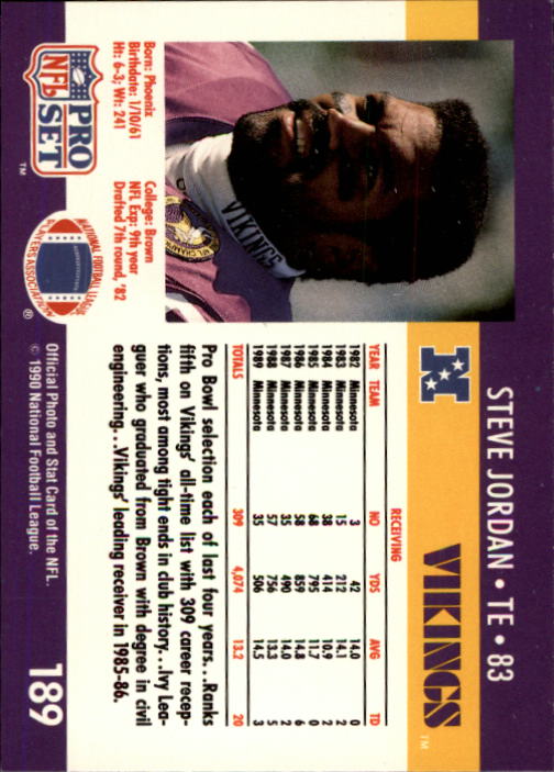 1990 Pro Set #189 Steve Jordan back image