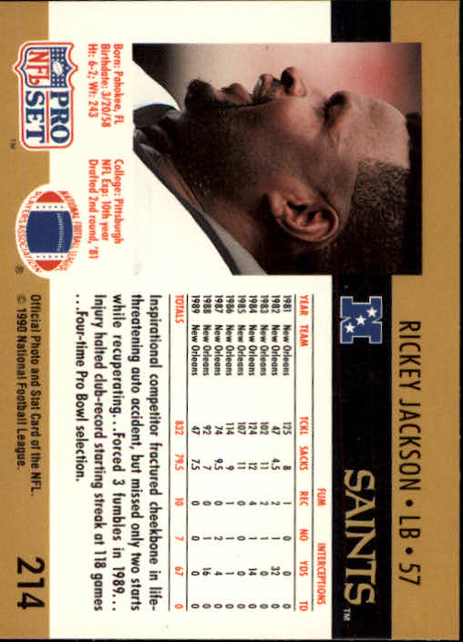 1990 Pro Set #214 Rickey Jackson/(Forcing Jim Kelly fumble) back image