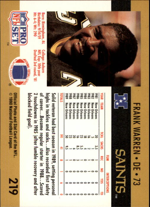 1990 Pro Set #219 Frank Warren RC back image