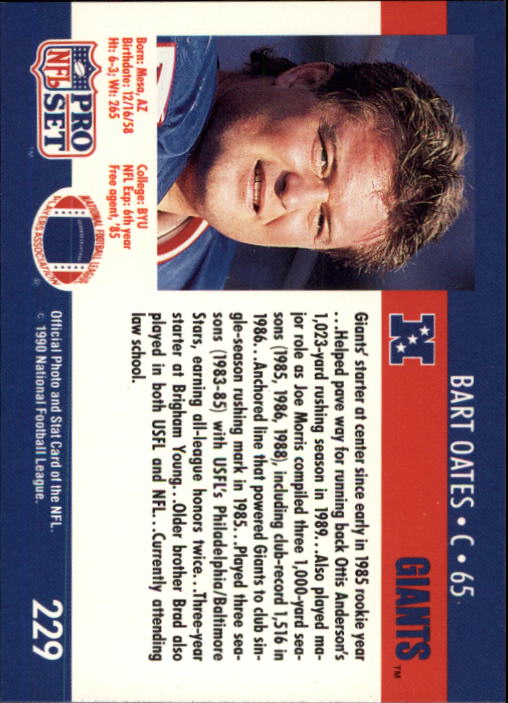 1990 Pro Set #229 Bart Oates back image