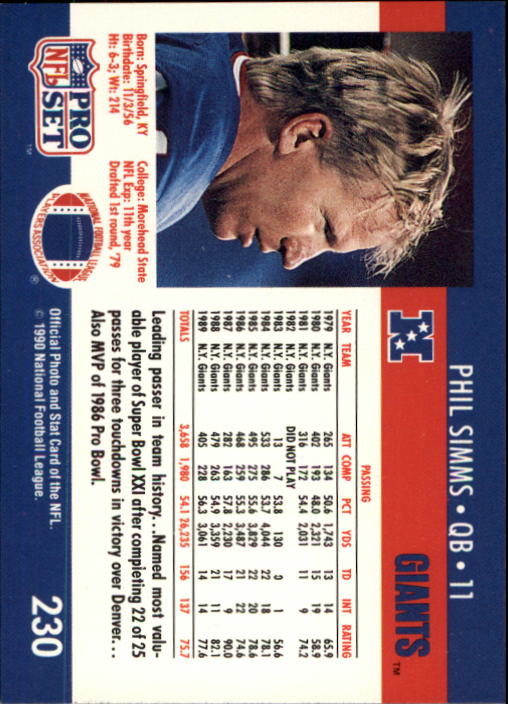 1990 Pro Set #230 Phil Simms back image