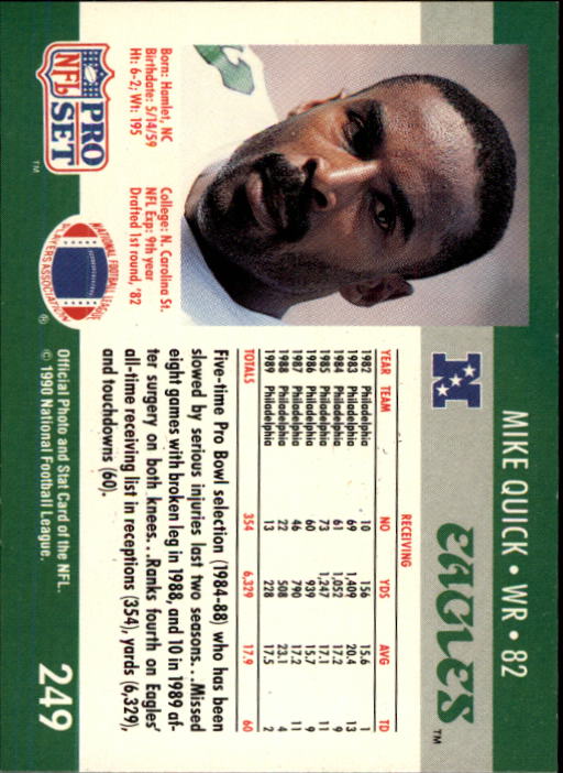 1990 Pro Set #249 Mike Quick/(Darrell Green also in photo) back image