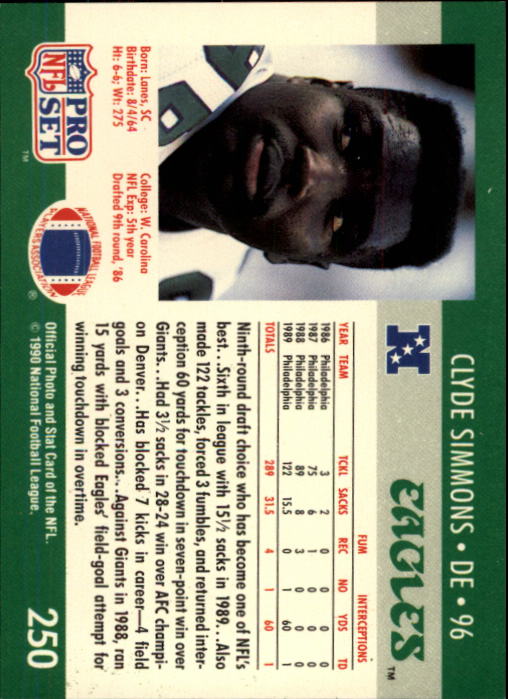 1990 Pro Set #250 Clyde Simmons back image