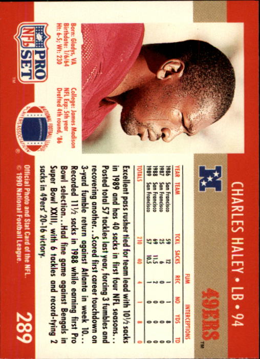 1990 Pro Set #289A Charles Haley ERR/(Fumble recoveries 1/in '86 and 4 total) back image