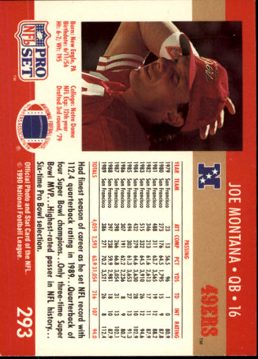 1990 Pro Set NFL Joe Montana San Francisco 49ers #293