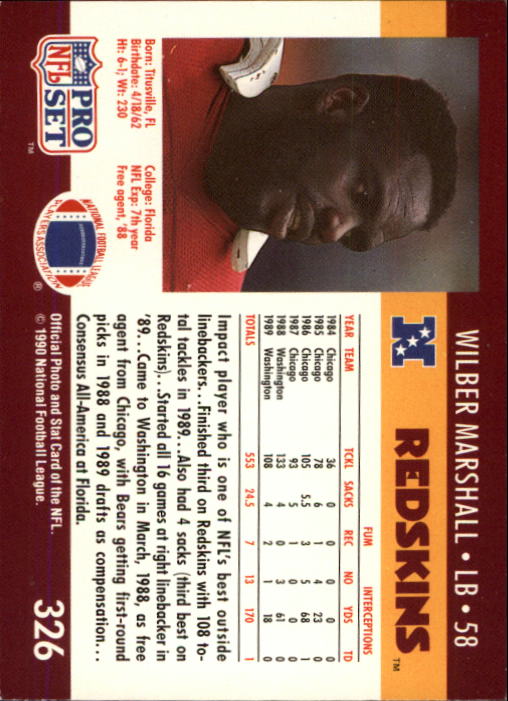 1990 Pro Set #326 Wilber Marshall back image