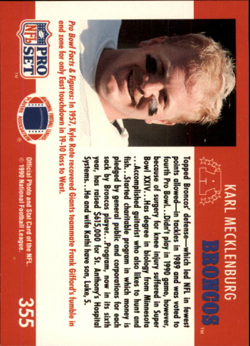 1990 Pro Set #355 Karl Mecklenburg PB back image