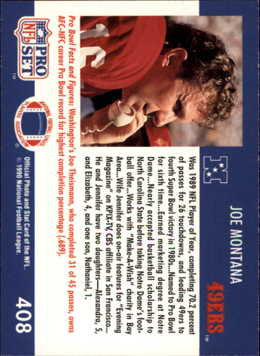 1990 Pro Set #408 Joe Montana PB UER/(incorrect uniform) back image