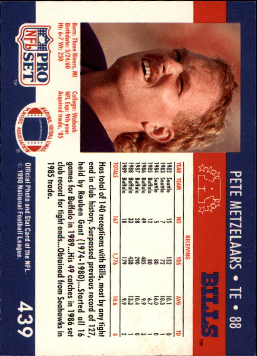 1990 Pro Set #439 Pete Metzelaars back image